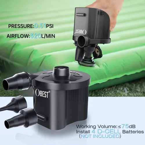 Vista 2 de OBEST Bomba de aire eléctrica alimentada por batería, inflador/deflator portátil para campamento al aire libre, colchón de aire, flotadores