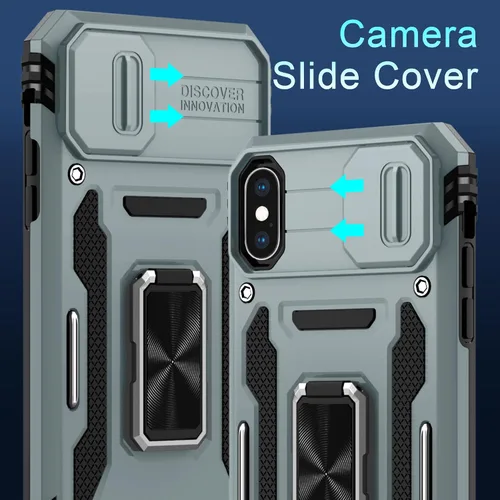 Vista 321 de DEERLAMN Funda para iPhone Xs Max con funda deslizante para cámara + protector de pantalla, soporte giratorio de anillo de grado militar a prueba