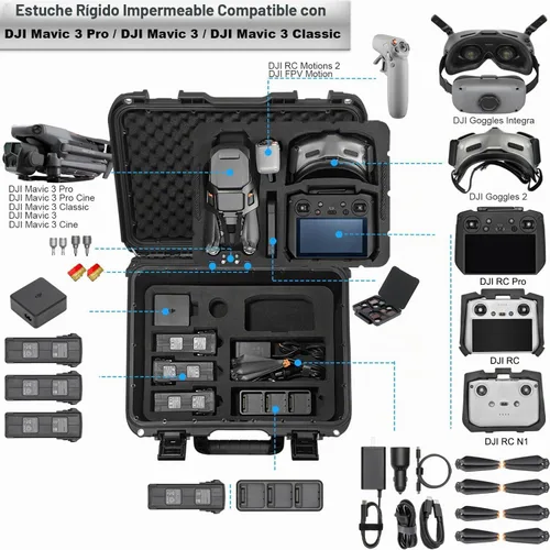 Vista 2 de Lekufee Funda de transporte impermeable para Mavic 3 Pro/Classic/Combo - DJI RC Pro/RC 2/N1/N2/Gafas 2/3/Integra/Motion 2/3 y accesorios (solo funda)