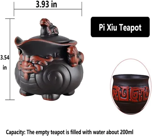 Vista 3 de Juego de tetera de cerámica hecha a mano, juego de tetera y taza de té chino Pi Xiu, tetera de porcelana Zisha Kung Fu, juegos de té de arcilla Negro