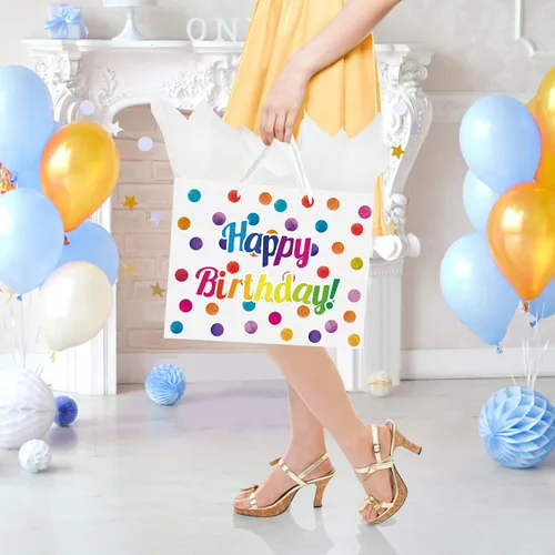 Vista 6 de Bolsa de regalo de cumpleaños grande de 13 pulgadas con tarjetas y papeles de seda para niños con asas (puntos)