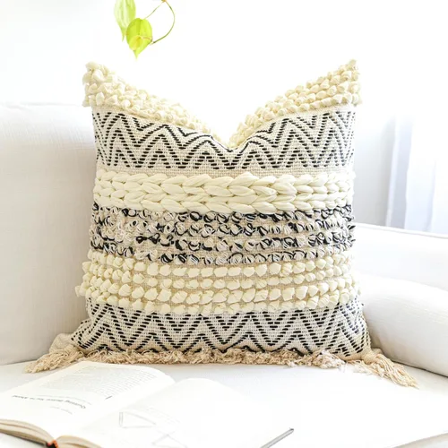 Vista 10 de BlissBlush Fundas de Almohada Decorativas Boho Beige Marrón 18X18, Funda de Almohada de Acento Bohemio, Funda de Almohada con Textura