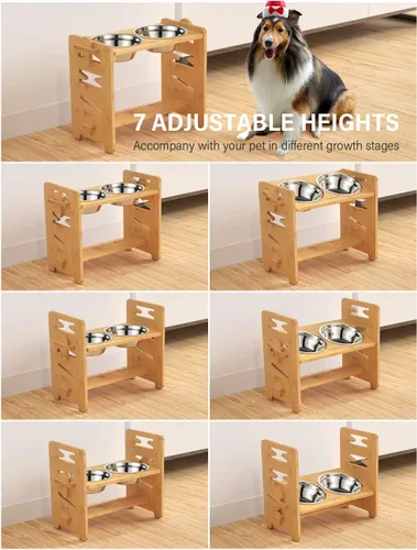 Vista 3 de Cuencos elevados para perros, soporte elevado ajustable para mascotas de tamaño mediano, alimentador de alimentos de bambú resistente con 2 platos