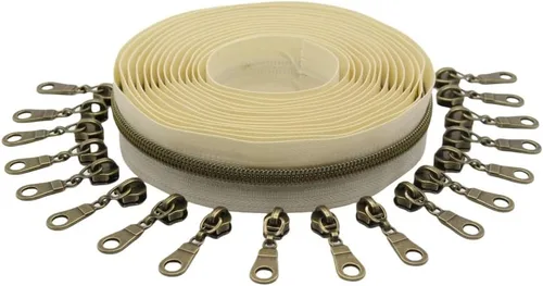 Vista 3 de YaHoGa #5 Cremalleras metálicas de nailon color latón antiguo de The Yard Bulk Cinta beige de 10 yardas con 25 unidades de tiradores para costura