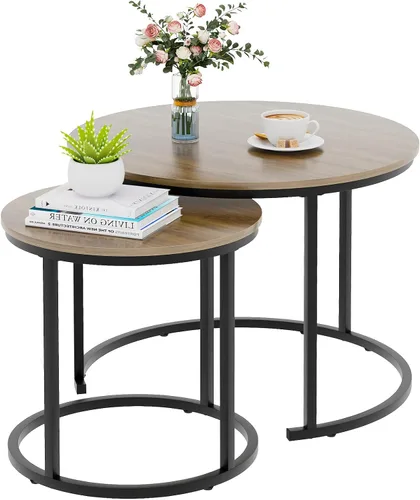 Vista 11 de Mesa de Centro Anidable, Juego de Mesa de Centro Redonda de 23.6" Set de 2, Juego de Mesas Anidables de Madera con Marco de Metal, Mesas Laterales