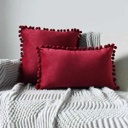 Vista 5 de vctops Funda de cojín lumbar con pompones, de terciopelo suave, sólida, decorativa, para sofá, dormitorio o automóvil, 1 pieza