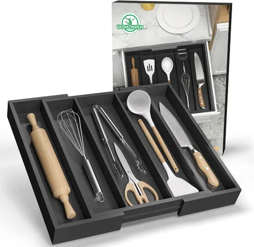 Vista 7 de Organizador de utensilios de cocina, bandeja de cubiertos – Organizador de cubiertos de bambú expandible, 5 ranuras, organizador de cubiertos Negro