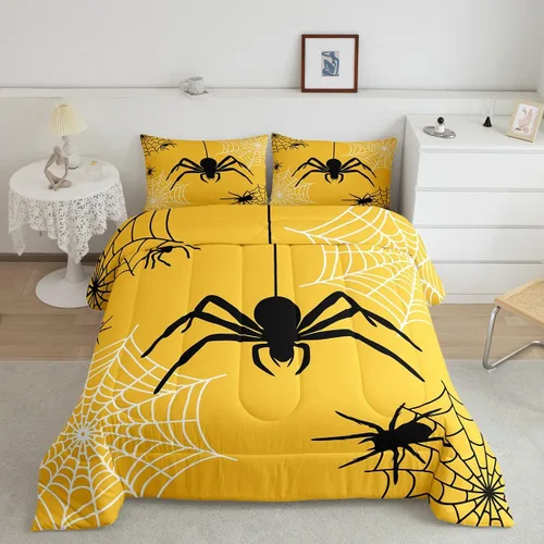 Vista 21 de Castle Fairy Spider Web Comforter Set,Happy Halloween Theme Hippie Bedding Sets for Kids Teens Adults,Black Spider Wild Animal Silhouette Comforter