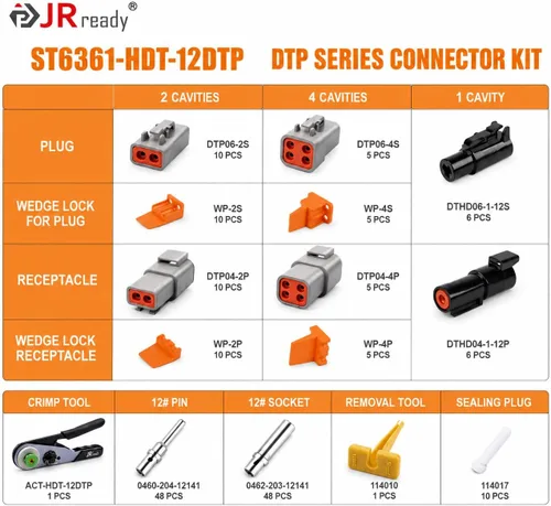 Vista 2 de JRready ST6361 Kit de conectores Deutsch, conector impermeable automotriz DTP de 2 y 4 vías, conectores macho hembra DTHD de 1 pin con herramienta