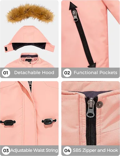 Vista 6 de Wantdo Chaqueta de esquí impermeable para niña, abrigo de invierno cálido con capucha de piel sintética