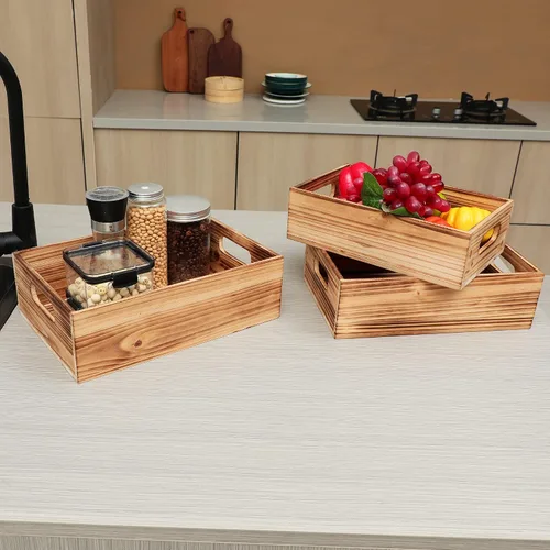 Vista 2 de PHOENANCEE Cajas de madera para exhibición, cajas decorativas rústicas de almacenamiento, juego de 3, caja anidable de madera con asas, cesta