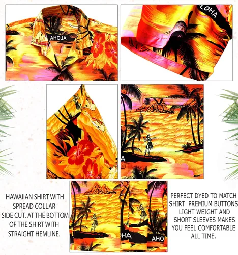 Vista 4 de LA LEELA Camisa de verano para hombre, estilo festivo, con botones, estilo hawaiano, Aloha, fiesta, manga corta, camisa de playa para vacaciones