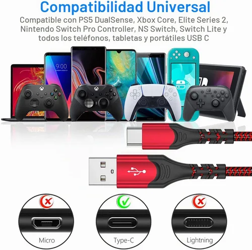 Vista 7 de Cable de carga para controlador PS5 – Paquete de 2 cables de datos tipo C a USB A de 10 pies, cable de sincronización de alta velocidad