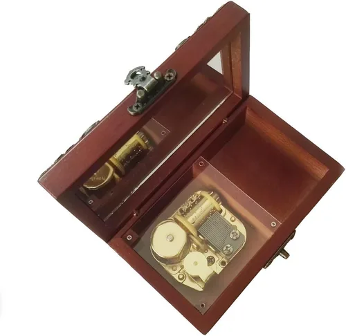 Vista 4 de FnLy Caja musical de madera con cuerda de encaje antiguo de 18 notas con movimiento chapado en oro, música de Elfen Lied Dorado