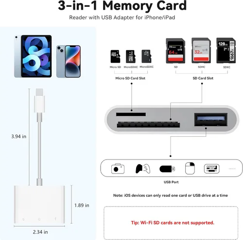 Vista 3 de Lector de Tarjetas SD para iPhone iPad Cámara con USB C, Lector de Tarjetas de Memoria con Ranura Dual Soporta Tarjetas SD/TF Visor de Cámara