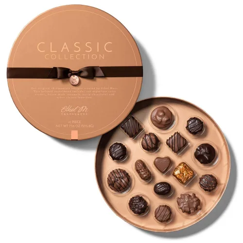 Vista 8 de Ethel M.Classic Collection - Surtido de 32 piezas de chocolate negro y leche de primera calidad en caja redonda de cobre, caramelo masticable