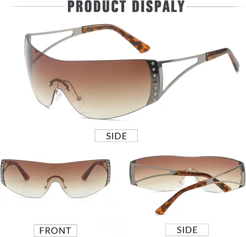 Vista 6 de SORVINO Lentes de sol Y2K sin montura para mujeres y hombres, diseño de escudo futurista de moda, de gran tamaño de los años 2000, con estrellas
