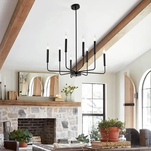 Vista 8 de WOKNOS Candelabros modernos negros de granja, 8 luces industriales de metal, lámparas colgantes clásicas para cocina, dormitorio, comedor, sala