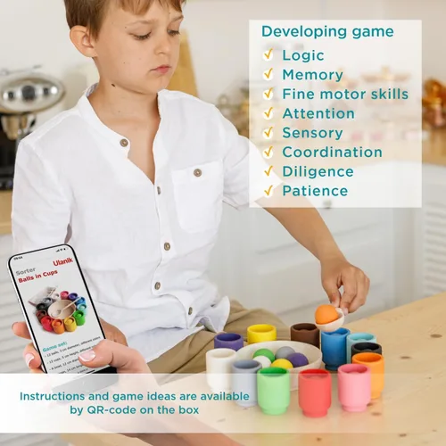 Vista 8 de Ulanik Pelotas en tazas Montessori Juguetes para niños de 1 año + niños preescolares juegos de madera a juego para aprender clasificación