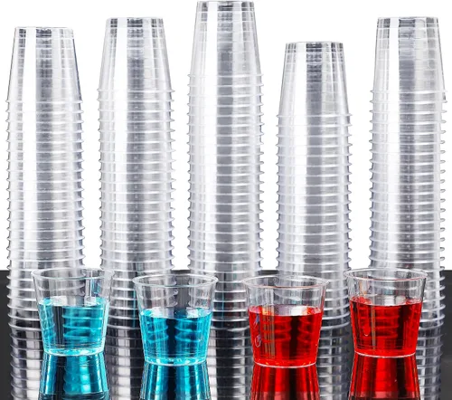 Vista 8 de Zcaukya 100 vasos de chupito, vasos duros desechables de plástico transparente de 1 oz, mini tazas, gran recipiente para salsa, degustación