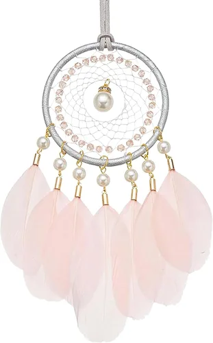 Vista 7 de Mini atrapasueños – Pluma de ganso con perla de lujo, cuero natural, pequeño atrapasueños hecho a mano para dormitorio, atrapasueños para niñas