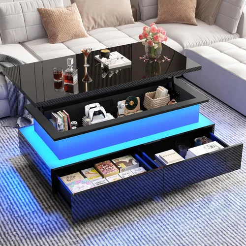 Vista 9 de Mesa de centro LED grande de 43 pulgadas con 2 cajones de almacenamiento grandes, luces de 60.000 colores, control de aplicación, mesa auxiliar