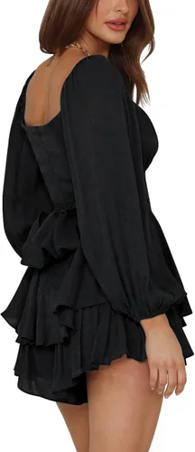 Vista 3 de LYANER - Enterizo con volantes de manga larga estilo farol y con lazo para mujer, rómper corto