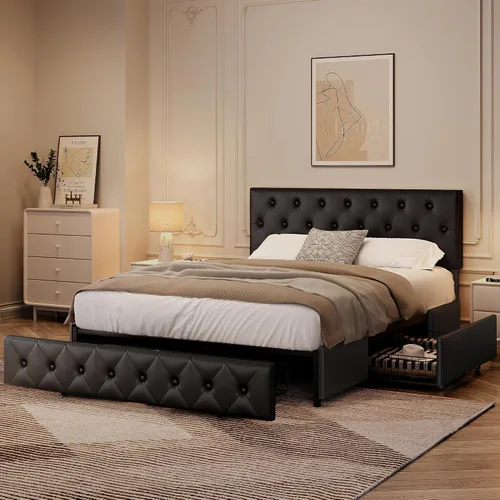 Vista 3 de Topeakmart Base de cama de plataforma tapizada tamaño Queen con cabecera ajustable en altura y 3 cajones de almacenamiento, base de colchón de piel