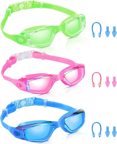 Vista 8 de Flutesan Paquete de 3 gafas de natación sin fugas, de silicona, antivaho con clip para la nariz, tapones para los oídos para adultos y niños, 3