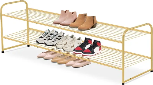 Vista 15 de AOODA Zapatero largo de 2 niveles para armario, organizador de almacenamiento de zapatos apilable de metal para entrada, dormitorio, piso, 18 pares