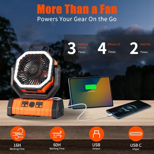 Vista 3 de Ventilador recargable, ventilador de camping operado por batería con gancho y luz LED brillante, control remoto, temporizador, oscilación