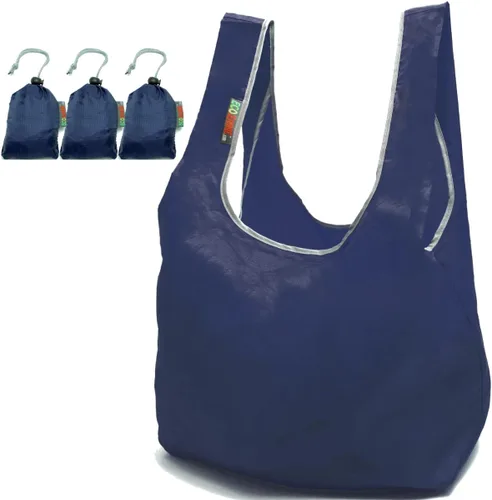 Vista 6 de Paquete de 3 bolsas plegables de nailon Ripstop súper fuertes y reutilizables con bolsa incorporada