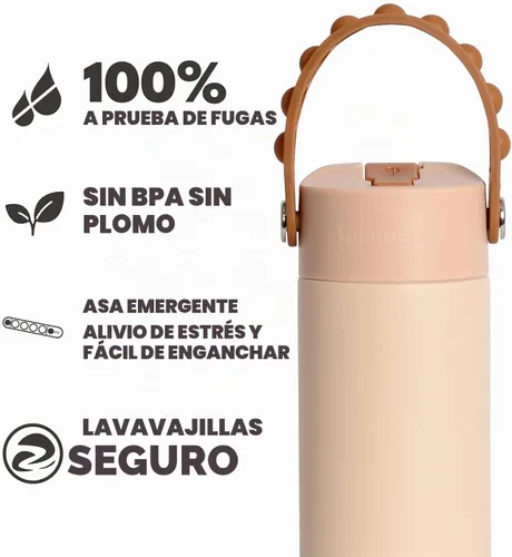 Vista 6 de Elemental Botella de agua aislada para niños, botella de agua de acero inoxidable con tapa de popote y asa Pop-it, botellas de agua a prueba