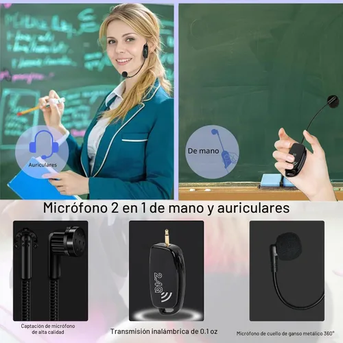 Vista 5 de Auriculares de Micrófono Inalámbrico MIC: 2.4G Micrófono de Cabeza Inalámbrico y Micrófono de Mano 2 en 1 - Rango de 160 Pies con Enchufe de 1/8
