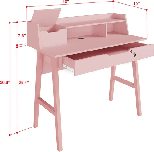 Vista 2 de Crafts and Comfort - Escritorio Pequeño Roma de Diseño Moderno para Dormitorio, Escritorio de Escritura Rosa de 40 Pulgadas con Estante Superior
