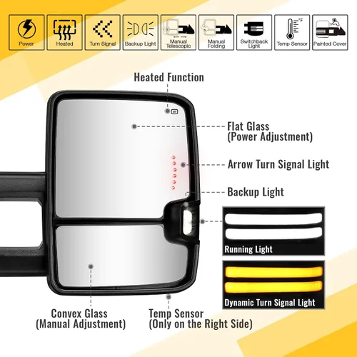 Vista 2 de Sanooer Espejos de remolque pintados en negro Compatibles con Chevy Silverado GMC Sierra 2014-2018 con luz de giro dinámica Switchback, luces