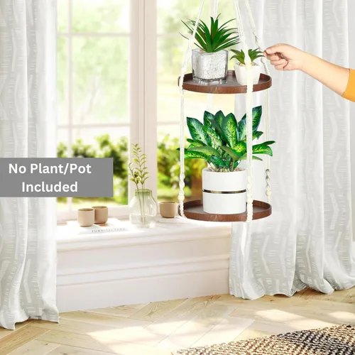 Vista 5 de Colgador de macramé de 2 niveles Colgador de plantas para interiores, maceta colgante Estante para macetas colgantes (beige)