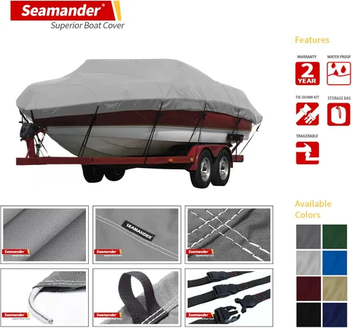 Vista 2 de Cubierta Seamander para lancha, resistente e impermeable para casco en V, de tres cascos, para pesca, esquí, estilo profesional para poca Gris