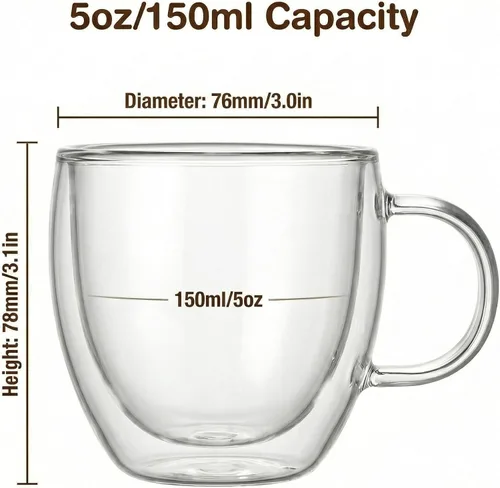 Vista 4 de Vasos de café expreso de doble pared de 5 oz/5.1 fl oz, un juego de 2, vasos de vidrio de borosilicato con aislamiento térmico con asa