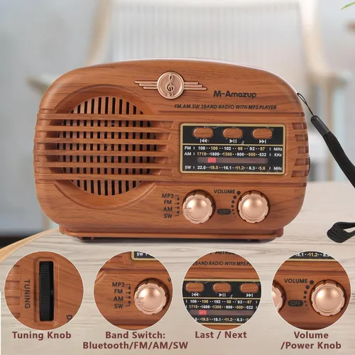 Vista 5 de Radios portátiles AM FM SW, radio retro con altavoz, radio transistor Bluetooth 5.3, batería recargable, TWS, soporte de tarjeta TF/MP3/reproducción