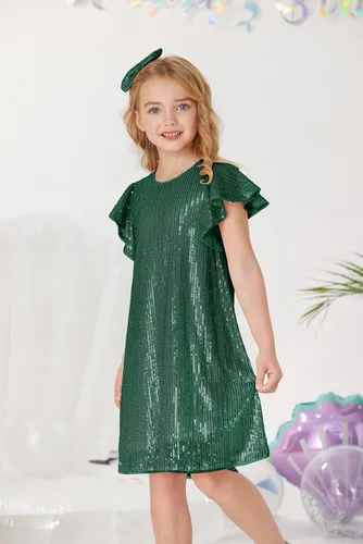 Vista 3 de GRACE KARIN Vestido de lentejuelas para niñas, manga corta, con vuelo, silueta acampanada, vestido midi con lazo para el pelo, 5-12 años
