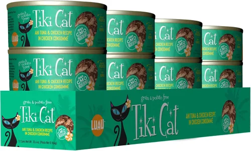 Vista 2 de Tiki Cat Luau - Comida húmeda sin granos, baja en carbohidratos, con aves de corral o peces en consomé para gatos adultos y gatitos., Atún y pollo