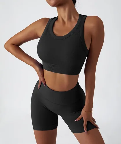 Vista 106 de Conjuntos de entrenamiento para mujer, 2 piezas, sin costuras, acanalada, sin mangas, brasier deportivo, cintura alta, pantalones cortos