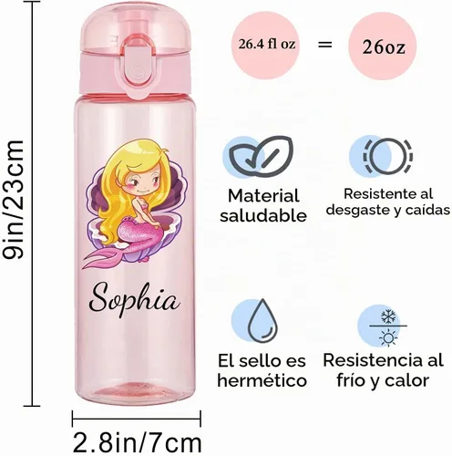 Vista 4 de Botellas de agua personalizadas, botella de agua de plástico personalizada con mango para nombre, botella de agua deportiva a prueba de fugas