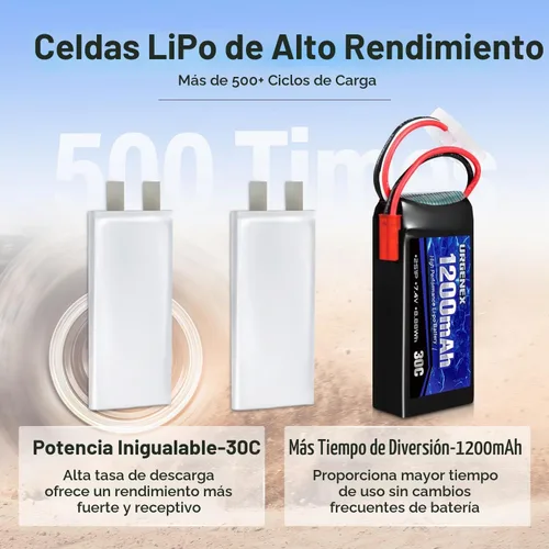 Vista 4 de Batería Lipo de 7.4 V con enchufe JST 2S 30C (60 C) batería de litio recargable de 1200 mAh compatible con UDIRC Cheewing y la mayoría de coches RC