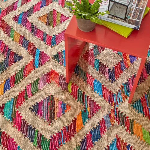 Vista 2 de Dash & Albert Tetra Chindi - Alfombra de yute tejida a mano, 2 x 3 pies, patrón geométrico múltiple