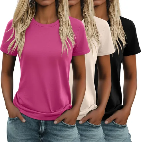 Vista 16 de Huukeay Paquete de 3 camisetas de algodón para mujer, estilo casual, de manga corta, cuello redondo, ajuste holgado, básica, lisa