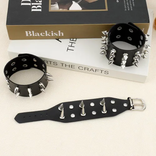 Vista 4 de Pulsera con tachuelas, Spike Punk Goth Punk de cuero para mujeres y hombres