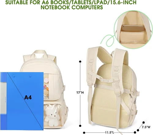 Vista 4 de Mochila Kawaii para niñas, bonita mochila estética para la escuela, mochila Kawaii con accesorios y colgante, Beige, Mochilas Tradicionales
