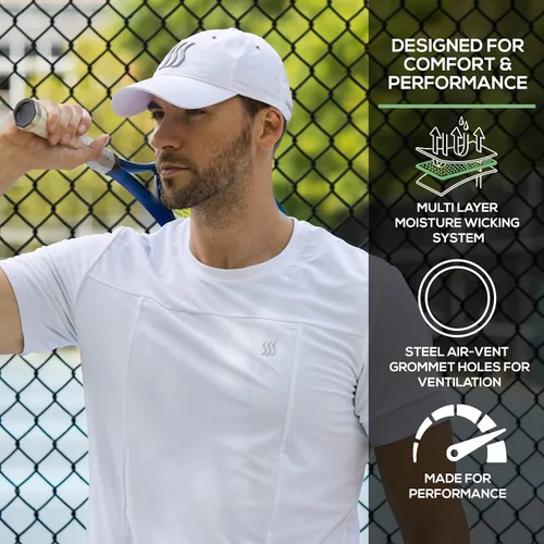 Vista 3 de SAAKA Sombrero de rendimiento para hombres y mujeres. Ajustable, absorbe el sudor. Golf, tenis, correr y deportes.